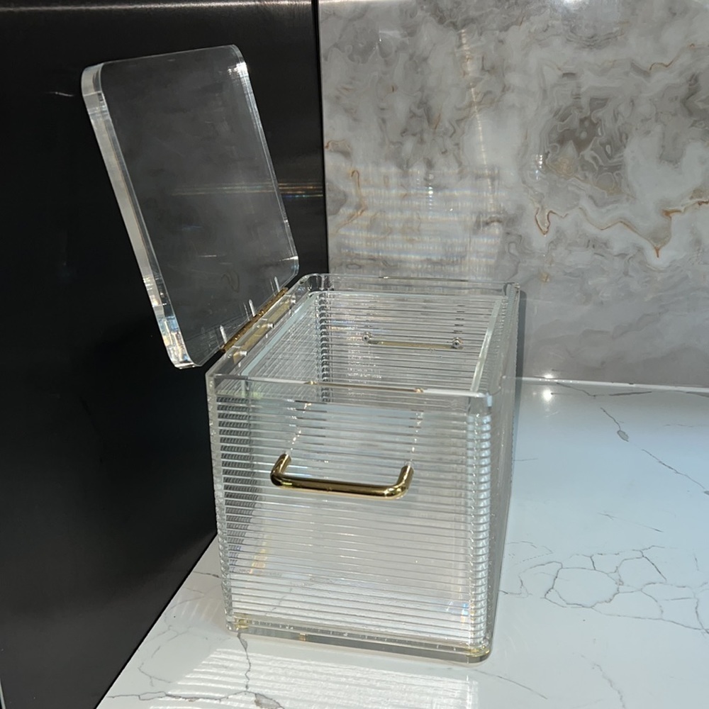 MCM Lucite Ribbed Rectangular 4.5L Ice Bucket Box Liner Goldtone Hardware